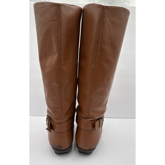 Vtg 80s  Brown Camel Leather Slouch Boots Flat Heel Under Knee Size 8 1/2 - Picture 5 of 10